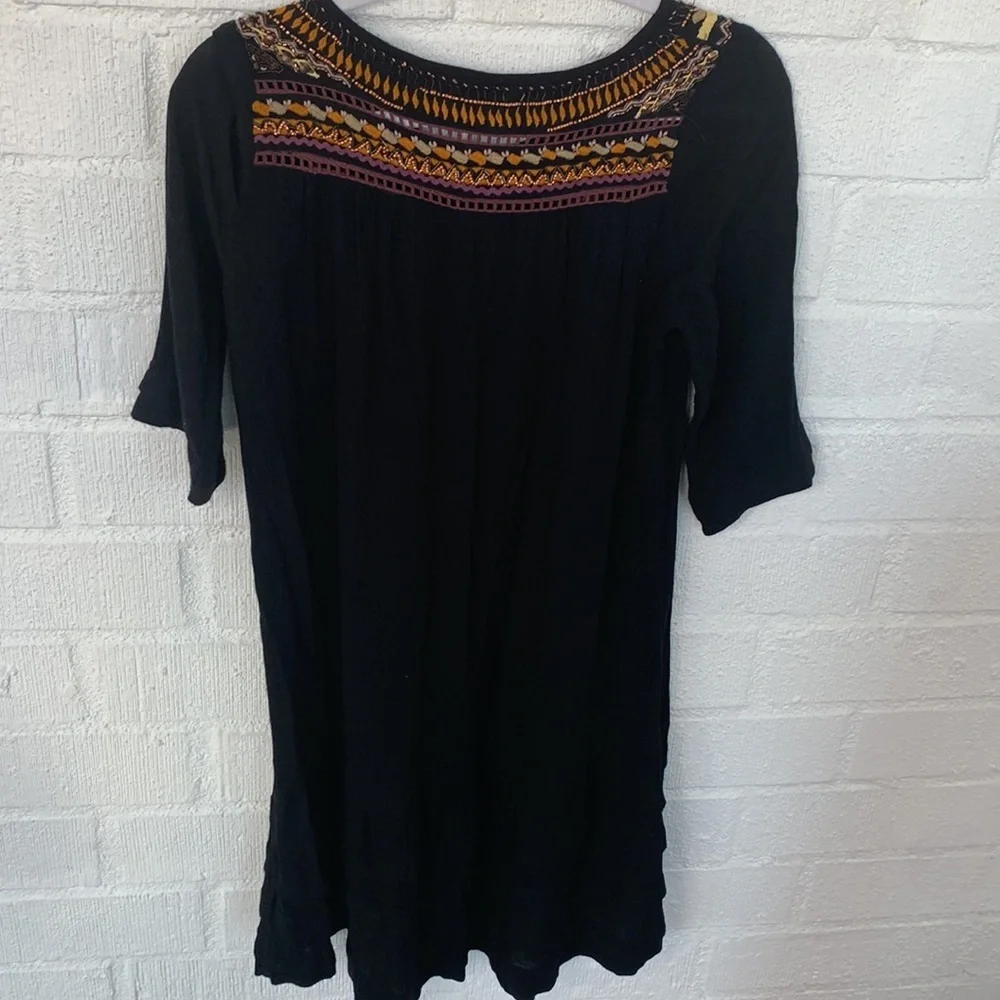 Free People Embroidered Beaded Black Tiered Ruffle Mini Dress sz XS